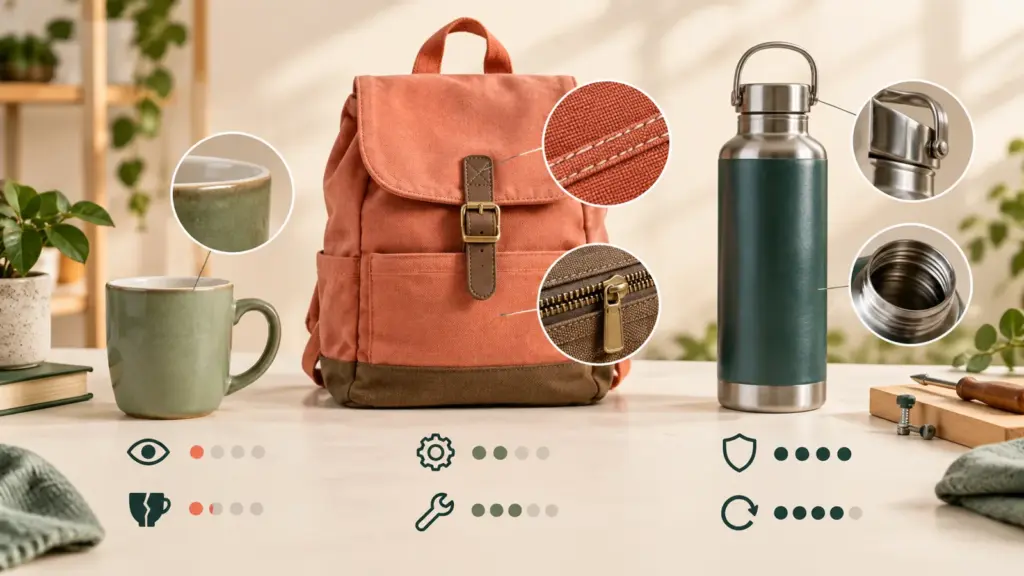 KI-generiertes Symbolbild: Rucksack, Trinkflasche und Tasse mit vergrößerten Material- und Verarbeitungsdetails