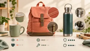 KI-generiertes Symbolbild: Rucksack, Trinkflasche und Tasse mit vergrößerten Material- und Verarbeitungsdetails
