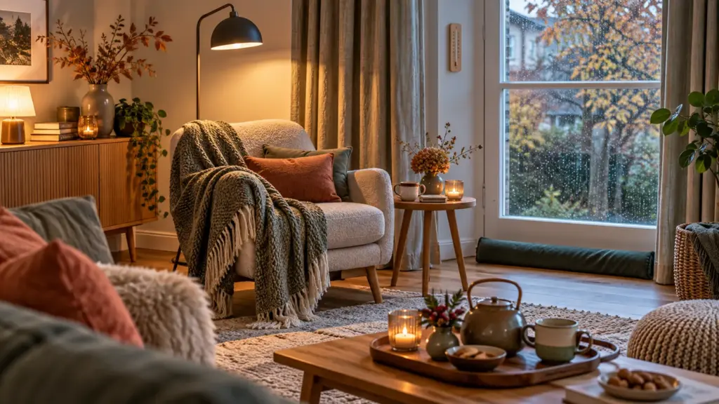 KI-generiertes Symbolbild: herbstliches Wohnzimmer mit warmen Lichtzonen, Decken, Vorhängen und regnerischem Fenster