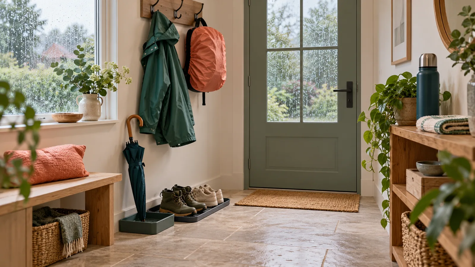 KI-generiertes Symbolbild: Eingangsbereich mit Regenjacke und Rucksack an Haken, geschlossenem Schirm in einer Tropfschale, Schuhen auf einer Wanne sowie Trinkflasche und gefaltetem Tuch.